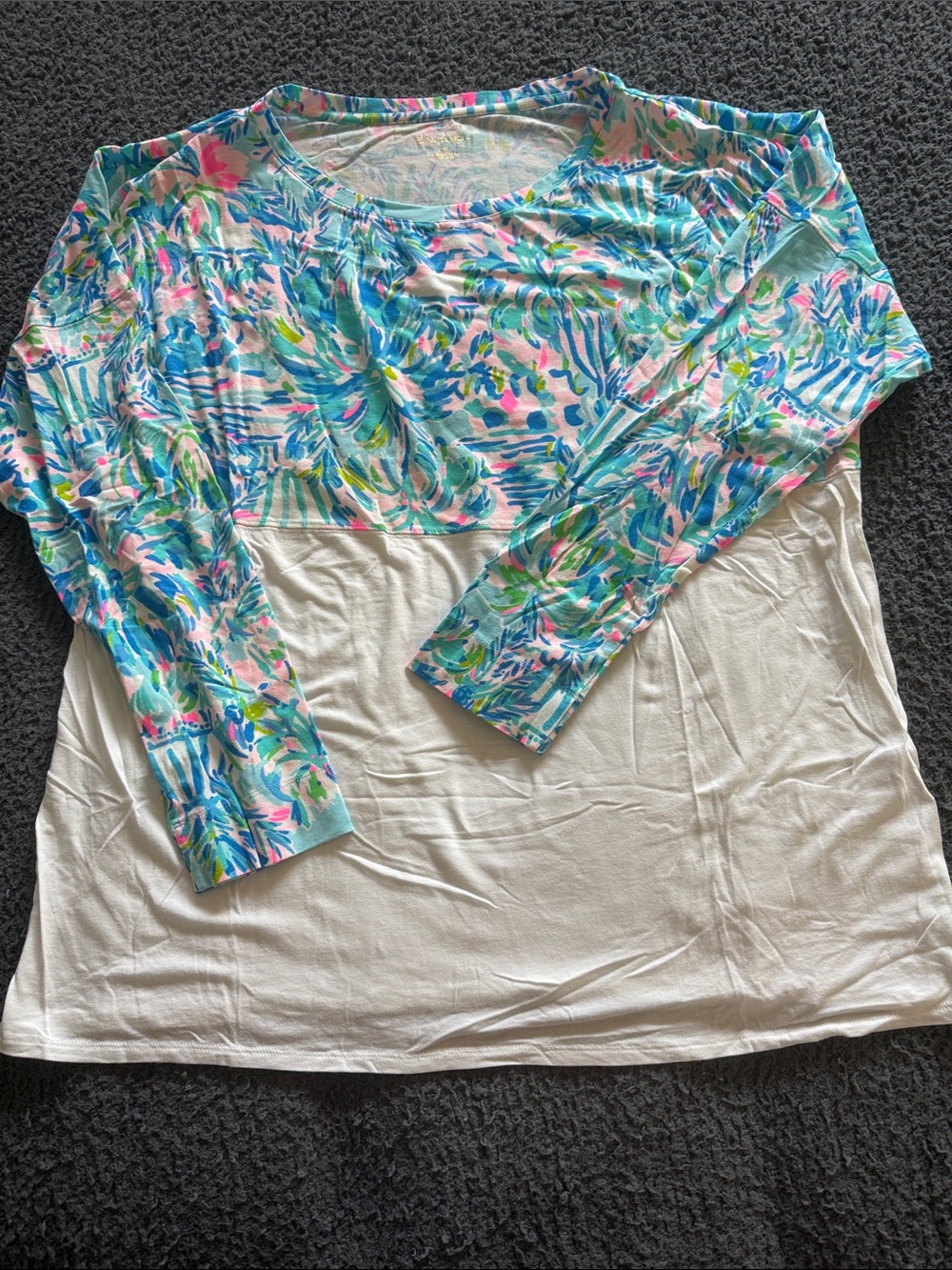 Lilly Pulitzer Long Sleeve Colorblock Floral Top - White, Blue, Pink, Green